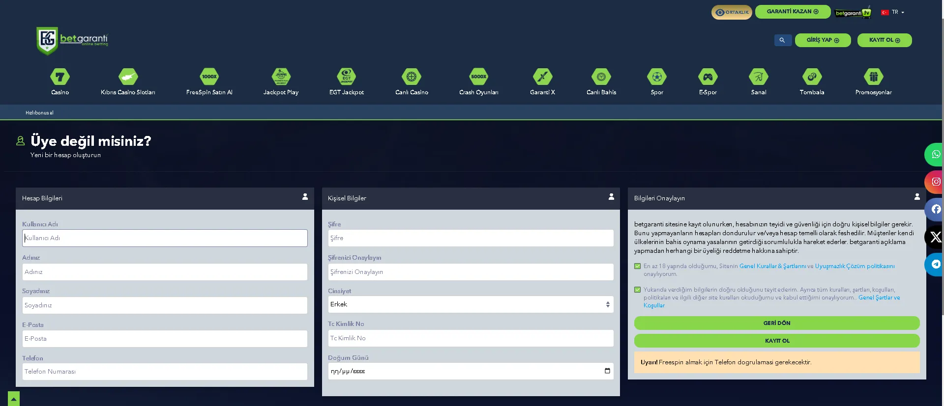 BetGaranti kayıt süreci